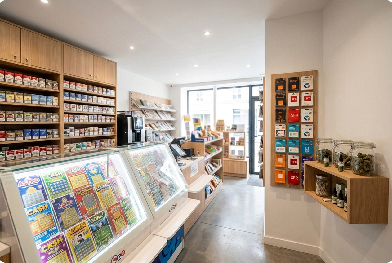 L’intérieur d’un bureau de tabac : jeux à gratter, tabac, recharges et CBD, chaque rayon suivi par Anatolle