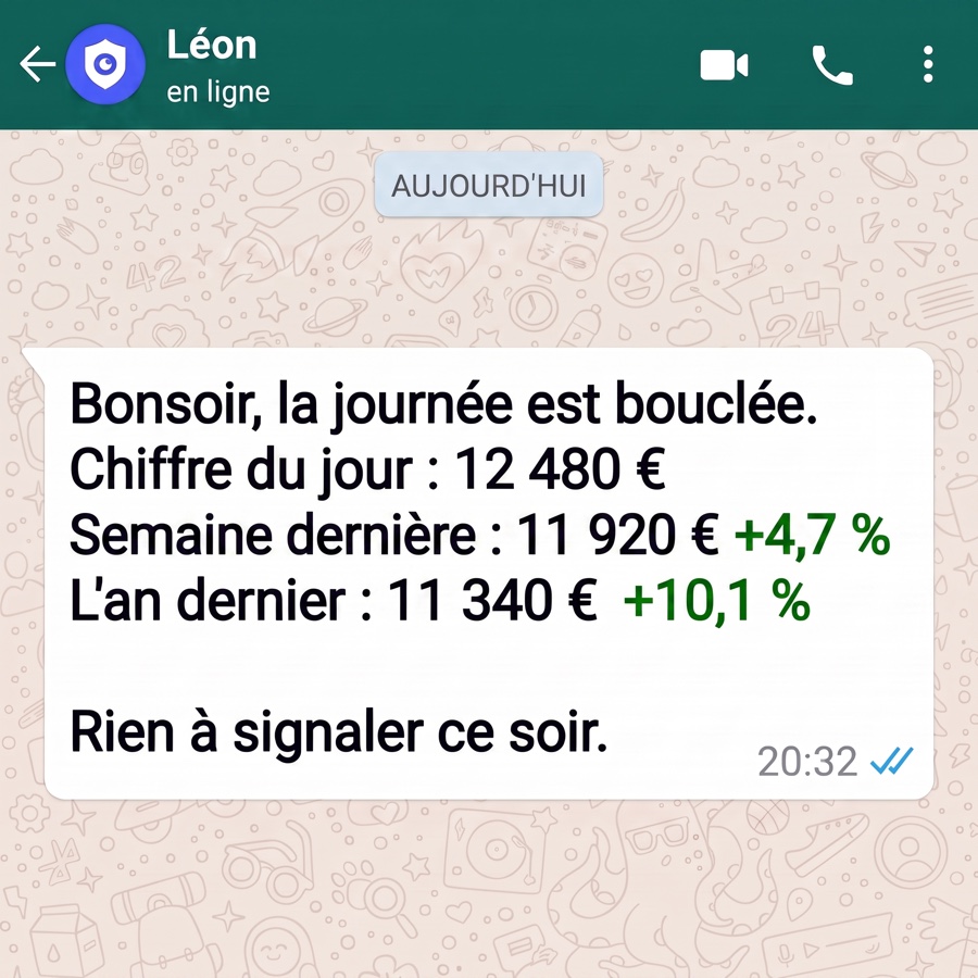 Le message du soir de Anatolle sur WhatsApp : chiffre du jour 12 480 €, +4,7 % sur la semaine dernière, +10,1 % sur l'an dernier